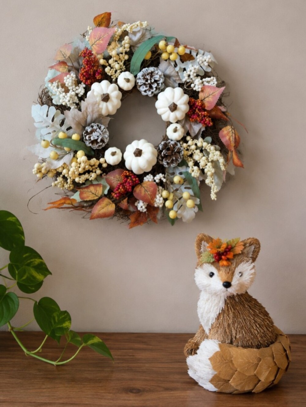 🦊 Autumn Sisal Fox & Wreath | For Centerpiece or Hang